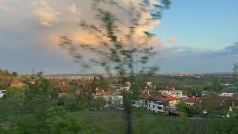Panoramic landscape view reveals distant urban cityscape, residential building, Stock Footage 333497574