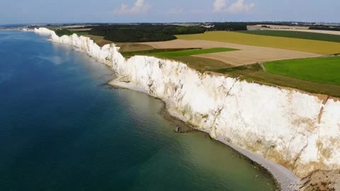 Panoramic landscape of white chalk cliffs near Mers-les-Bains, France Stock Footage 290516238
