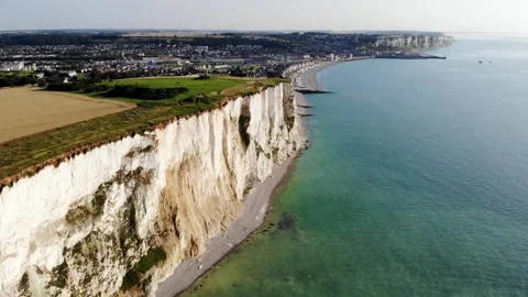Panoramic landscape of white chalk cliffs near Mers-les-Bains, France Stock Footage 290519011