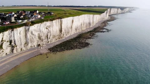 Panoramic landscape of white chalk cliffs near Mers-les-Bains, France Stock Footage 290524944