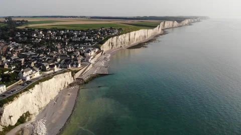 Panoramic landscape of white chalk cliffs near Mers-les-Bains, France Stock Footage 290527393
