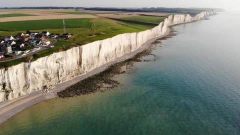 Panoramic landscape of white chalk cliffs near Mers-les-Bains, France Stock Footage 290614255