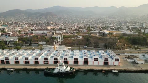 Panoramic Lateral Drone Shot of Acapulco Maritime Terminal Stock Footage 294942256