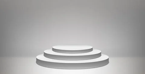 Panoramic light gray background with a round podium with three steps - Vector Stock Illustration