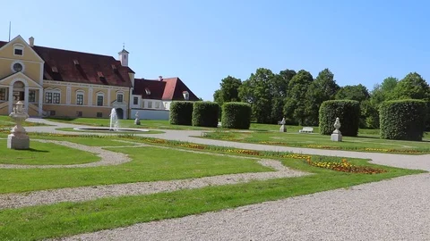 Panoramic look at the old and new Schleissheim palaces, Germany Stock Footage 109363631