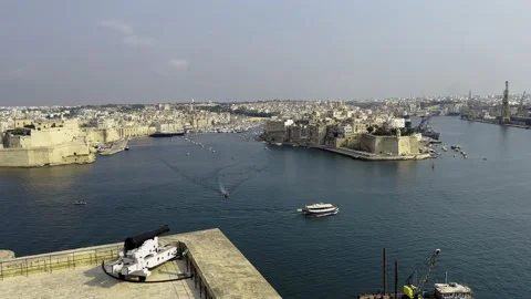 Panoramic Mediterranean Sea View from Upper Barrakka Gardens - Valletta Malta. Stock Footage 250050240