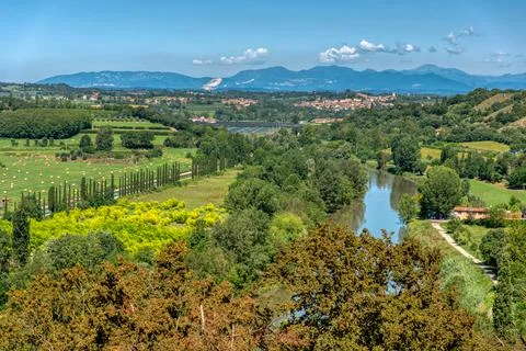 Panoramic Mincio River Valley and Countryside View from Valeggio Stock Photos