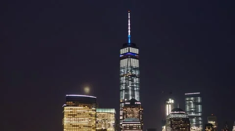 Panoramic Moon Rising behind the World Trade Center in Manhattan Stock Footage 62528883