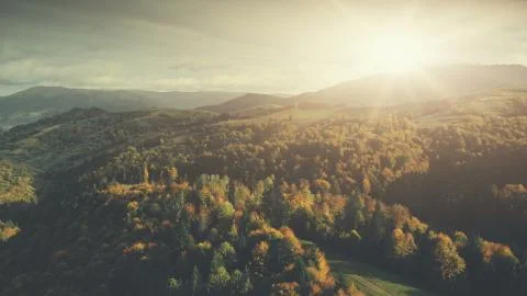 Panoramic mountain forest slope scenery aerial view Stock Photos