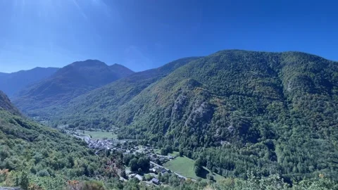 Panoramic mountain landscape around Ax-les-Thermes in the Ariège Stock Footage 346821489