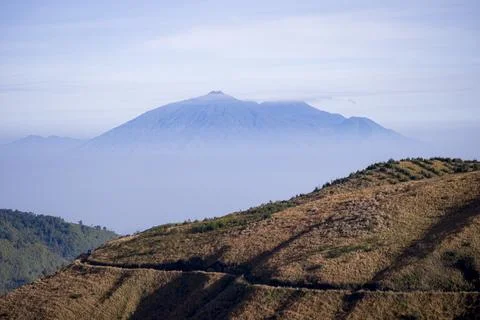Panoramic mountain landscape featuring Mount Arjuno above morning clouds. Photos