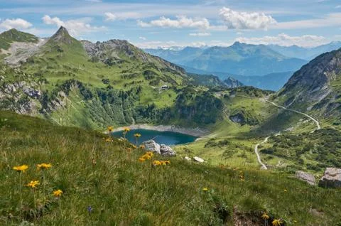 Panoramic mountain landscape with mountain lake in austria. Beautiful mountai Stock Photos