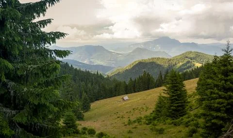 Panoramic mountain landscape rolling forested ridges alpine meadow rustic c.. Stock Photos