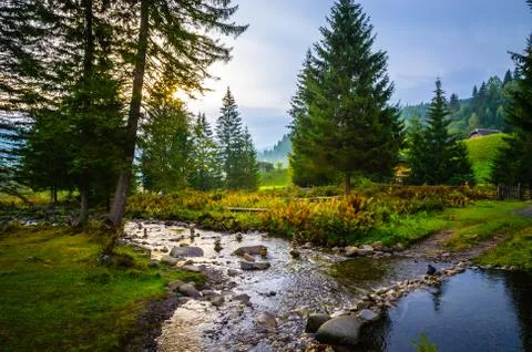 Panoramic mountain river view. Summer in the mountains Stock Photos