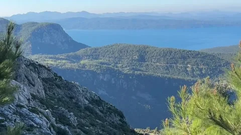 Panoramic Mountain Valley and Sea Horizon View Stock Footage 335937041