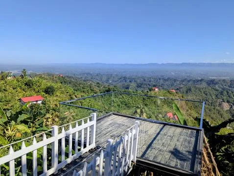 Panoramic Mountain View from a Modern Observation Deck with Glass Railing Stock Photos