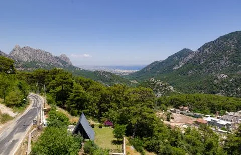 Panoramic mountain view overlooking Antalya city Mediterranean coastline lu.. 스톡 사진