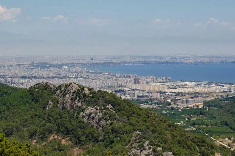 Panoramic mountain view overlooking Antalya city Mediterranean coastline lu.. 스톡 사진