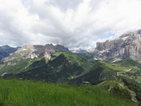 Panoramic mountain view. Selva di Val Gardena, Italy Stock Photos