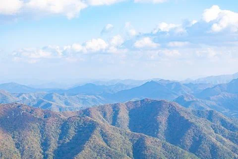 Panoramic Mountain View Under Bright Blue Sky at Daedunsan Stock Photos