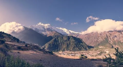 Panoramic mountain view with village. Stock Photos