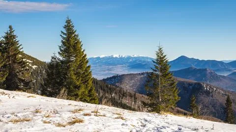 Panoramic mountain view in winter. View from The Mala Fatra national park i.. Stock-Fotos