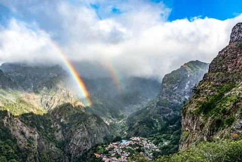 Panoramic mountains view from Eira do Serrado viewpoint with rainbow above th Stock Photos