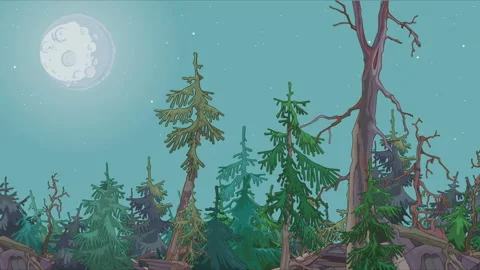 Panoramic movement through the cartoon night forest Video stock 106940349