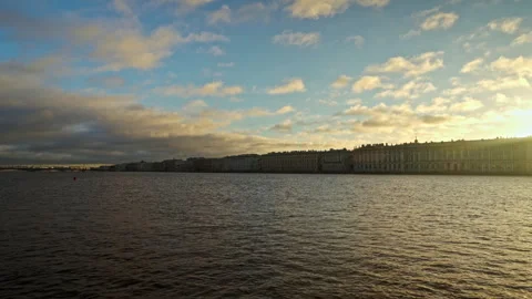 Panoramic Neva River Sunset St Petersburg Skyline Water Reflection Stock Footage 311829124