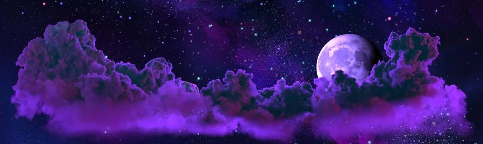 Panoramic night cumulus clouds with moon - concept Stock Illustration