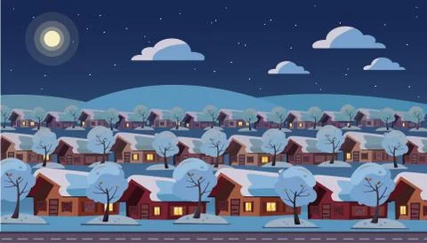 Panoramic night landscape of suburban one-story village. Same houses are loca Stock Illustration