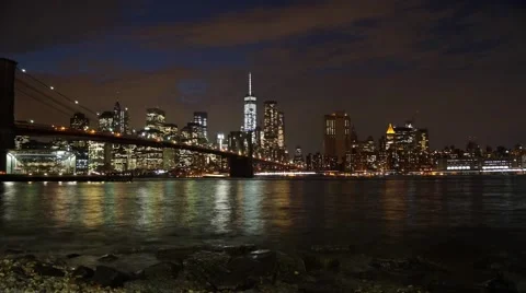 Panoramic Night Time Lapse of Brooklyn Bridge and Manhattan Skyline in NYC Stock Footage 59023191
