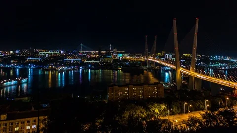 Panoramic Night Time Lapse Of Golden Bridge And Golden Horn Bay In Vladivostok Stock Footage 83620869