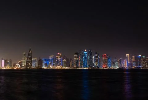Panoramic Night View of Doha West Bay Skyline. Stock Photos