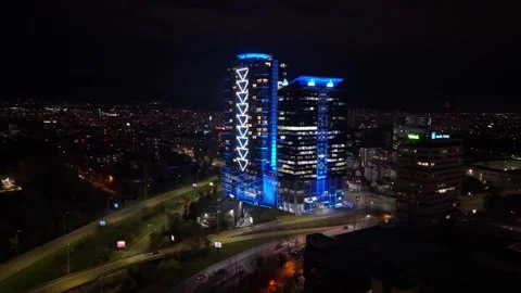 Panoramic Night View of Illuminated Sofia Cityscape with Millennium Sofia Stock-Footage 345001580