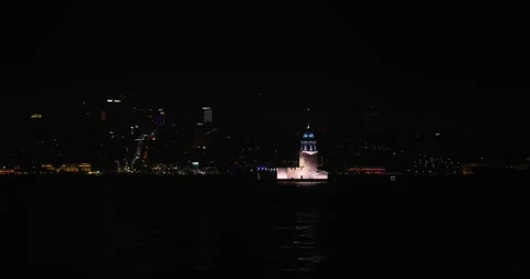 Panoramic Night View of Istanbul’s Iconic Maiden’s Tower and Bosphorus Stock Footage 296225805