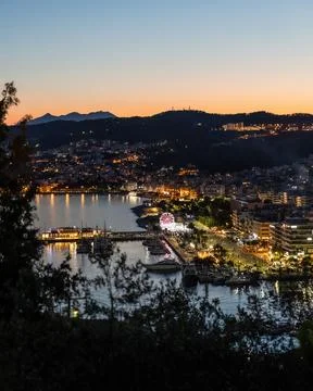 Panoramic night view of Kavala city Greece from the Byzantine fortress or c.. Stock Photos