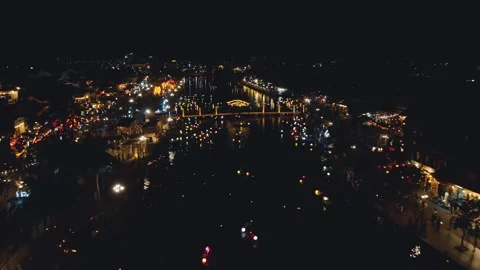 Panoramic night view of Lantern city in Vietnam: Hoi An, Colorful Asia 4K Stock Footage 242399701