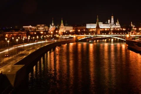 Panoramic night view of the Moscow Kremlin, Russia Stock Photos
