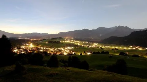Panoramic night view of Obermaiselstein 스톡 사진