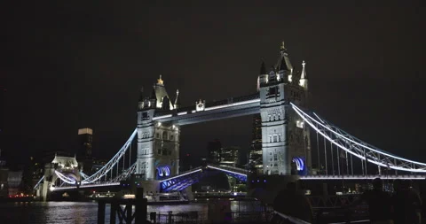 Panoramic Night View of The Tower Bridge Closing, London, UK Stock Footage 288131227