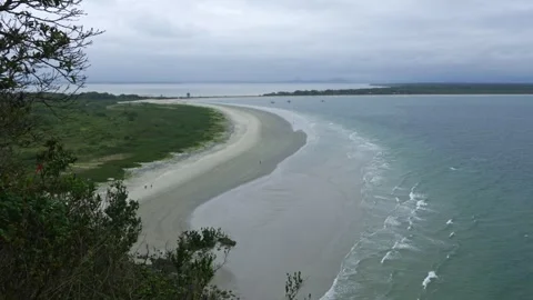 Panoramic Ocean View from elevated perspective over beach line in Brazil Stock Footage 336450944
