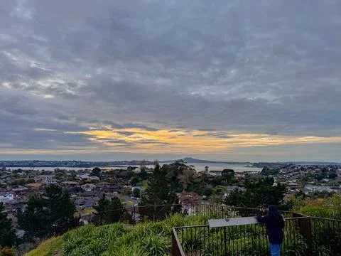 Panoramic Ocean View from a Hill Overlooking Auckland at Sunset Фото