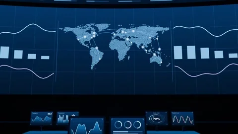 Panoramic operations world map command center blue aisle loop Stock Footage 342327497