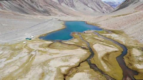 Panoramic orbit shot of blue glacial lake in barren Himalayan valley. Stock Footage 336326949