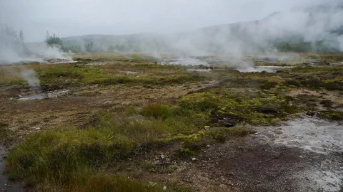 Panoramic over geothermal pools, hot springs in Golden Circle, Iceland Stock Footage 71282002