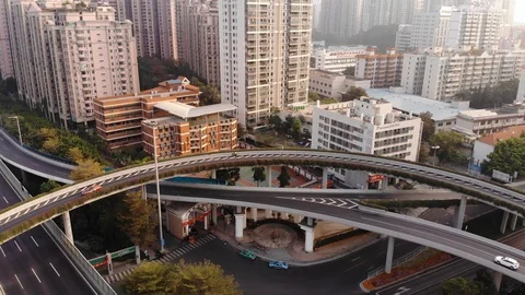 Panoramic overflight over a large multi-level road junction Stock Footage 102562966