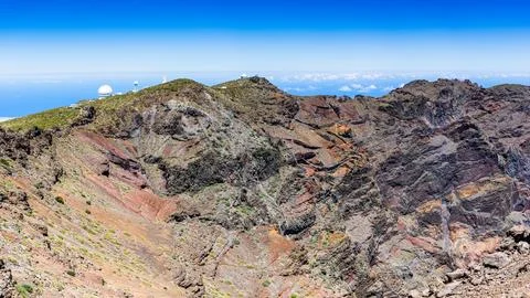Panoramic overlook of mountain observatories and sea of clouds, Roque de lo.. Stock Photos