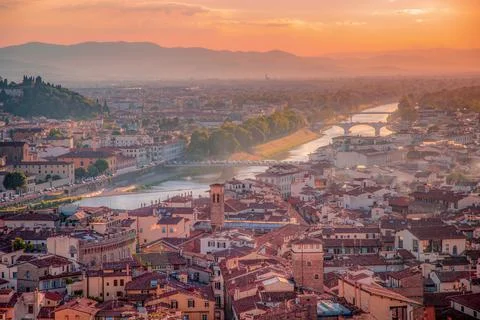Panoramic overview from Arnolfo Tower sunset haze in Florence 스톡 사진