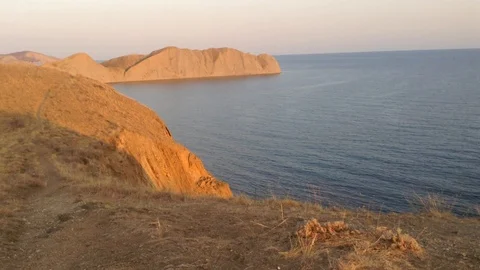 Panoramic overview of Karadag Mountain and Black Sea - Koktebel , Crimea Stock Footage 87095808